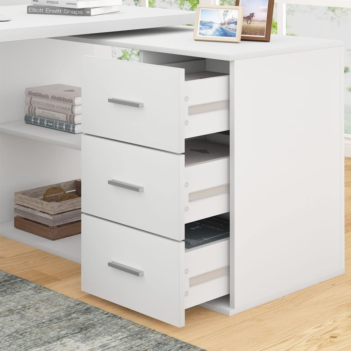 White L-Shaped Computer Desk with 3 Drawers and 2 Shelves, Reversible Home Office Corner Desk for Writing Study Work Executive, 55 Inch Bedroom Wood Table Workstation Desk with Storage Cabinet