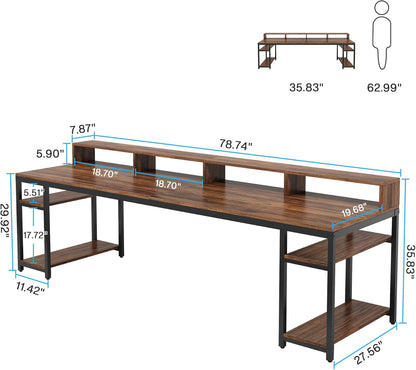 Two Person Desk with Monitor Stand, 78.74" Long Double Computer Office Desk with Storage Shelves, Large Gaming Study Writing Table Workstation for Home Office (Rustic Brown)