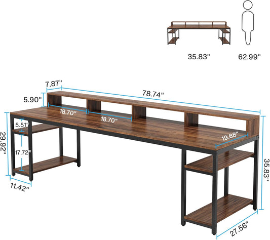 Two Person Desk with Monitor Stand, 78.74" Long Double Computer Office Desk with Storage Shelves, Large Gaming Study Writing Table Workstation for Home Office (Rustic Brown)