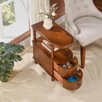 Solid Wood End Table with 2 Drawers, Narrow Sofa Side Table Slim Chair Side Table with Storage Shelf, Vintage Slim Nightstand Bedside Table, Beewax Tone，Bg-A508-Mg