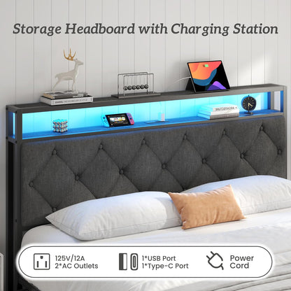 Queen Bed Frame with 4 Drawers, Upholstered Headboard with Storage, Fast Charging Station, LED Lights, Bed Frame Queen Size with Fabric Drawers, No Box Spring Needed, Easy Assembly, Grey