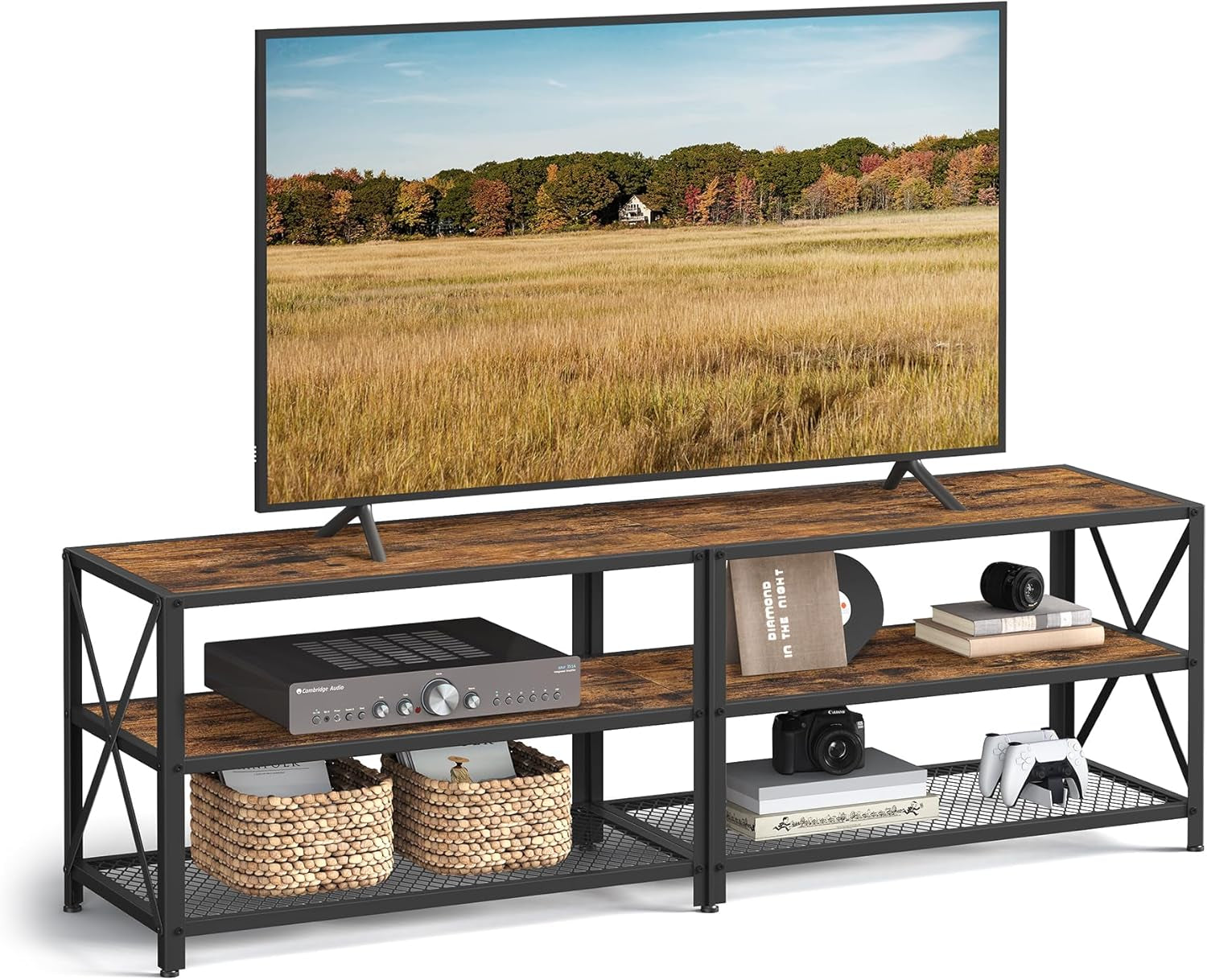 TV Stand, TV Console for Tvs up to 70 Inches, TV Table, 63 Inches Width, TV Cabinet with Storage Shelves, Steel Frame, for Living Room, Bedroom, Turquoise Brown and Black ULTV095B60