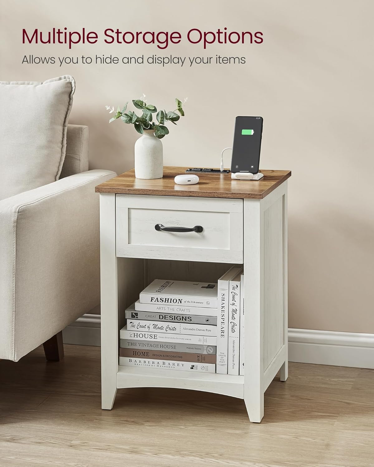LIRY Collection - Farmhouse Nightstand with Charging Station, Bedside Table, Side Table with Drawer, Open Compartment, for Bedroom, Misty Gray ULET659G68