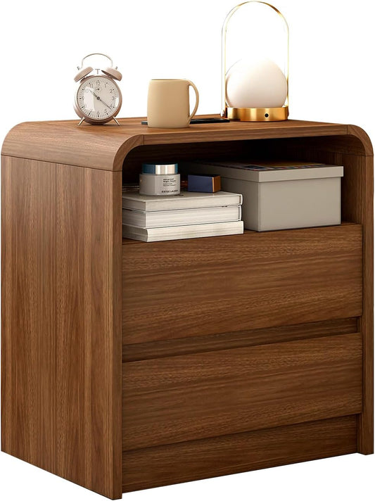 Modern Nightstand, 23.6-Inch Wide with Charging Station & Curved Anti-Collision Design, Mid-Century Storage Cabinet, Pre-Embedded Slots, Sturdy & Reusable, Ideal for Dorm, Sofa, or Office (1)