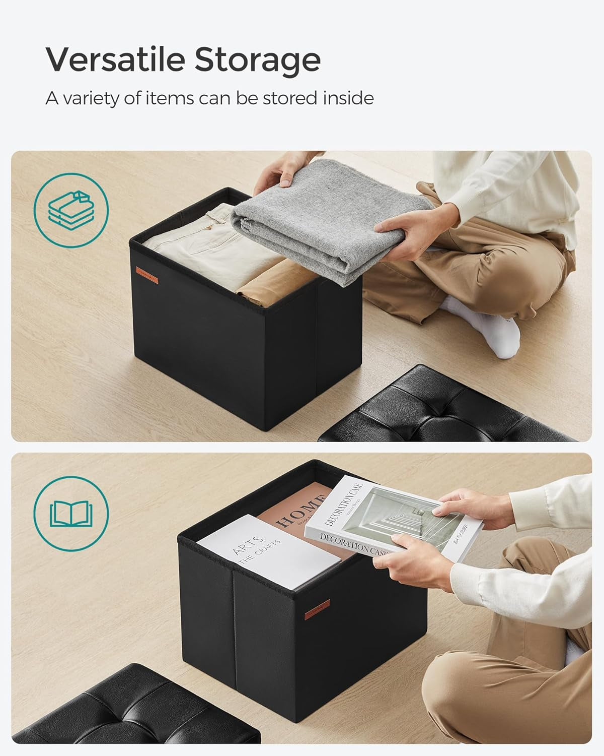 Small Folding Storage Ottoman, Foot Rest Stool, Cube Footrest, Synthetic Leather, 12.2 X 16.1 X 12.2 Inches, 286 Lb Capacity, for Living Room, Bedroom, Dorm, Ink Black ULSF100B01