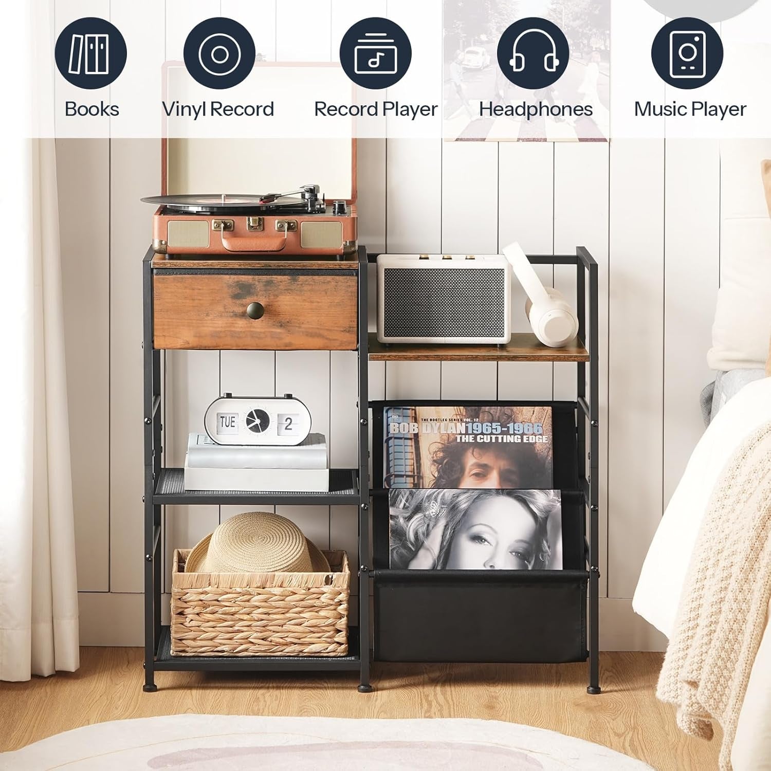 Record Player Stand with Vinyl Storage, Turntable Stand with Record Storage and Display Shelf, Media Cabinet with Drawer for Living Room, Bedroom,Rustic Brown BF75CJ01