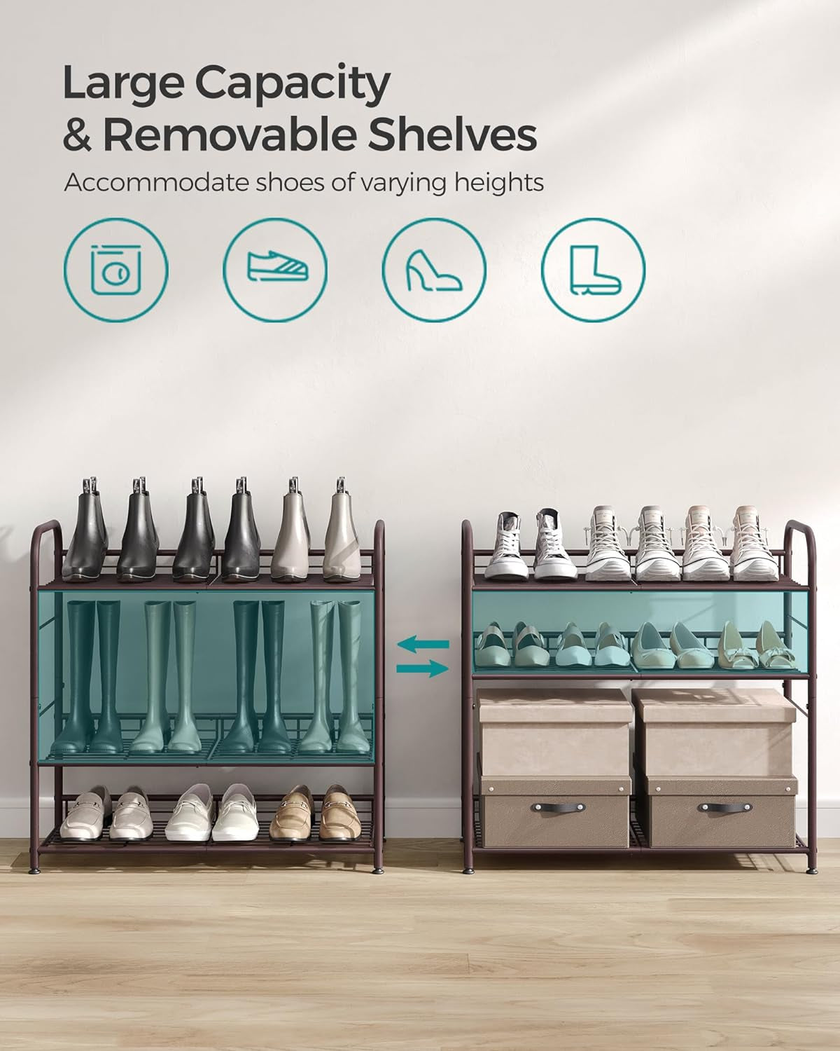Stackable Shoe Rack, 4 Tier Metal Shoes Rack Storage Shelf, Holds up to 20 Pairs Shoes, Adjustable Slanted Shelves Tower Organizer for Closet Entryway Small Spaces, Bronze