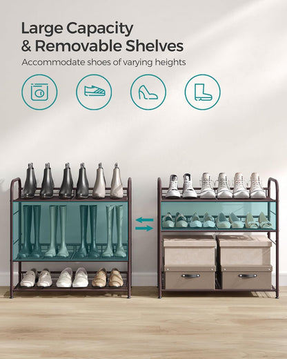 Stackable Shoe Rack, 4 Tier Metal Shoes Rack Storage Shelf, Holds up to 16 Pairs Shoes, Adjustable Slanted Shelves Tower Organizer for Closet Entryway Small Spaces, Bronze