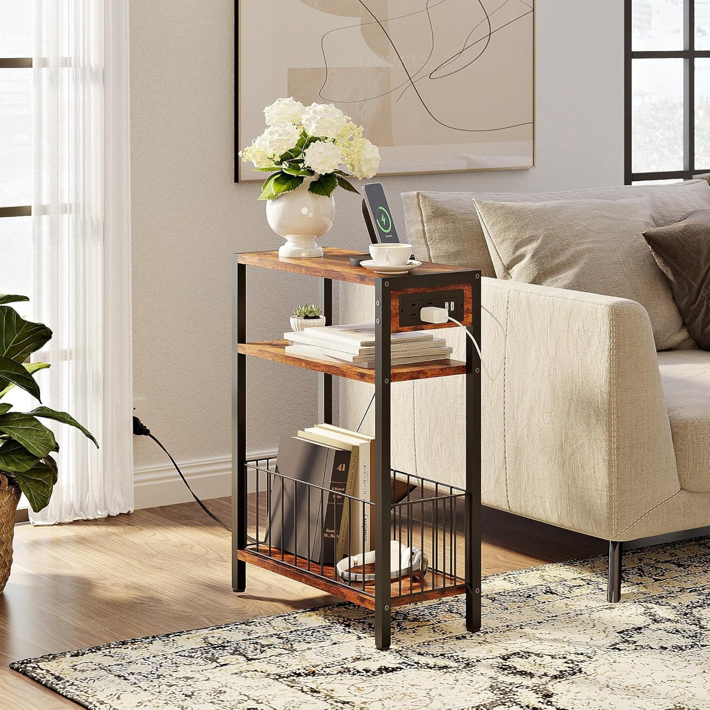Narrow Side Table with Charging Station, Small End Table for Small Spaces, Slim Nightstand with Storage Basket, 3 Tier Skinny Bedside Table for Living Room, Bedroom, Rustic Brown