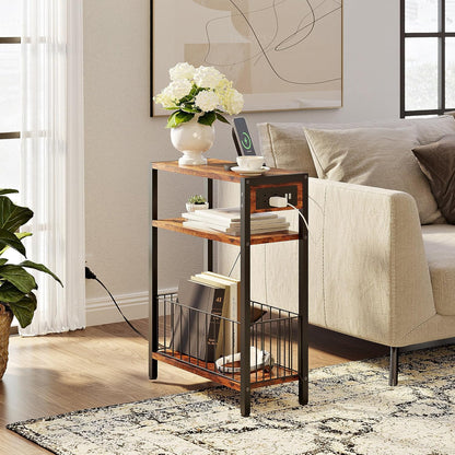 Narrow Side Table with Charging Station, Small End Table for Small Spaces, Slim Nightstand with Storage Basket, 3 Tier Skinny Bedside Table for Living Room, Bedroom, Rustic Brown