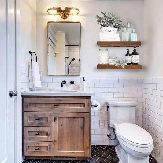 Bathroom Floating Shelves for Wall - 15.7" Wall Mounted Shelf over Toilet Farmhouse Home Decor Display Bookshelf Small 15.7 X 6.7 Inch Set of 2, Rustic Brown (008-40BN)