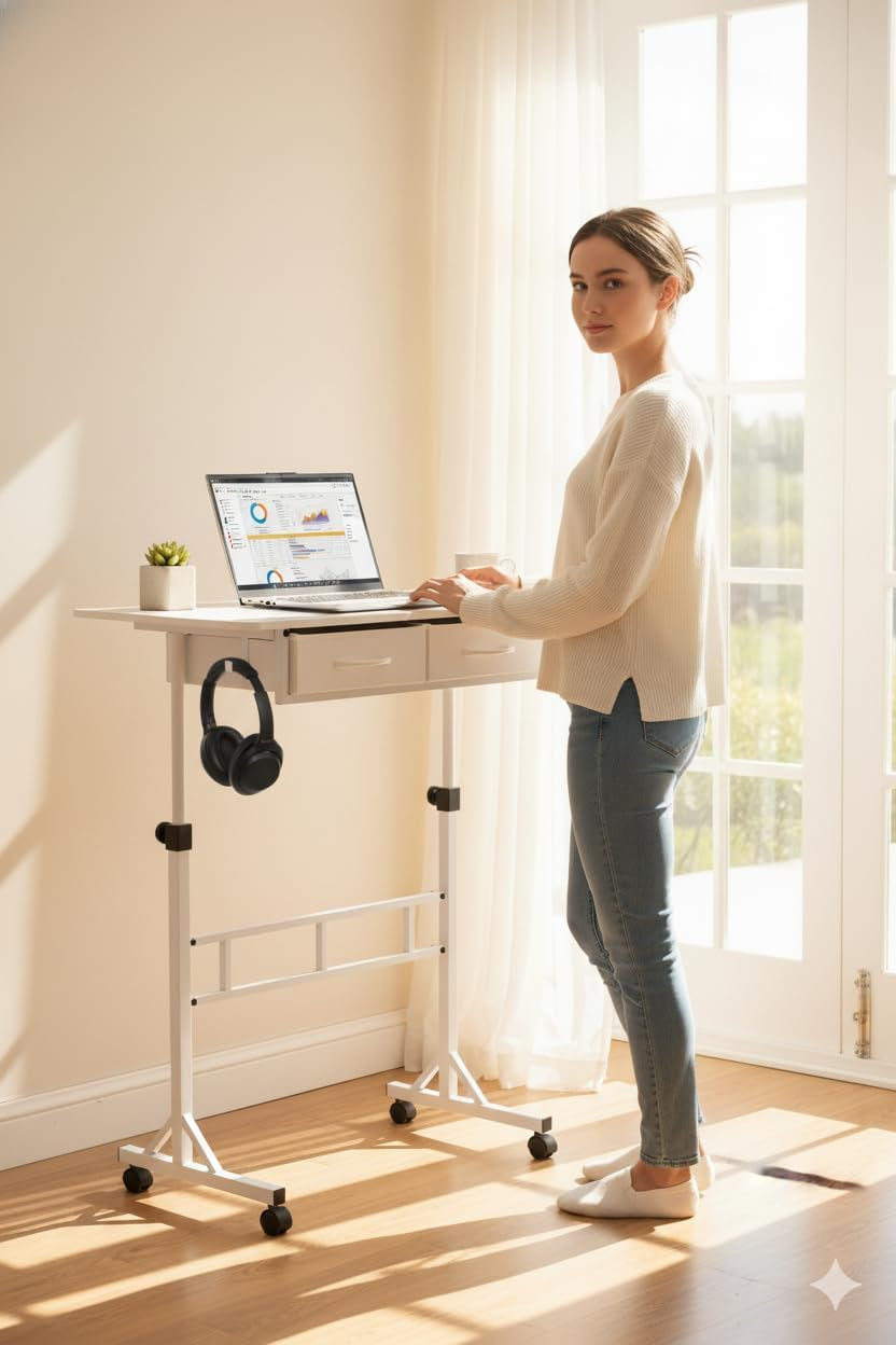 Adjustable Small Standing Desk with Drawers, Height Adjustable Rolling Desk for Home Office, Portable Small Computer Desk with Wheels for Walking Pad, White, Height 27.6"-49.2"