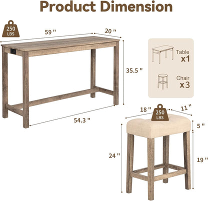 59" Counter Height Bar Table Set with Power Outlet, Industrial Breakfast Table with 3 Padded Stools, 4 Piece Bar Table and Chairs Set for Living Room, Dining Room, Brown