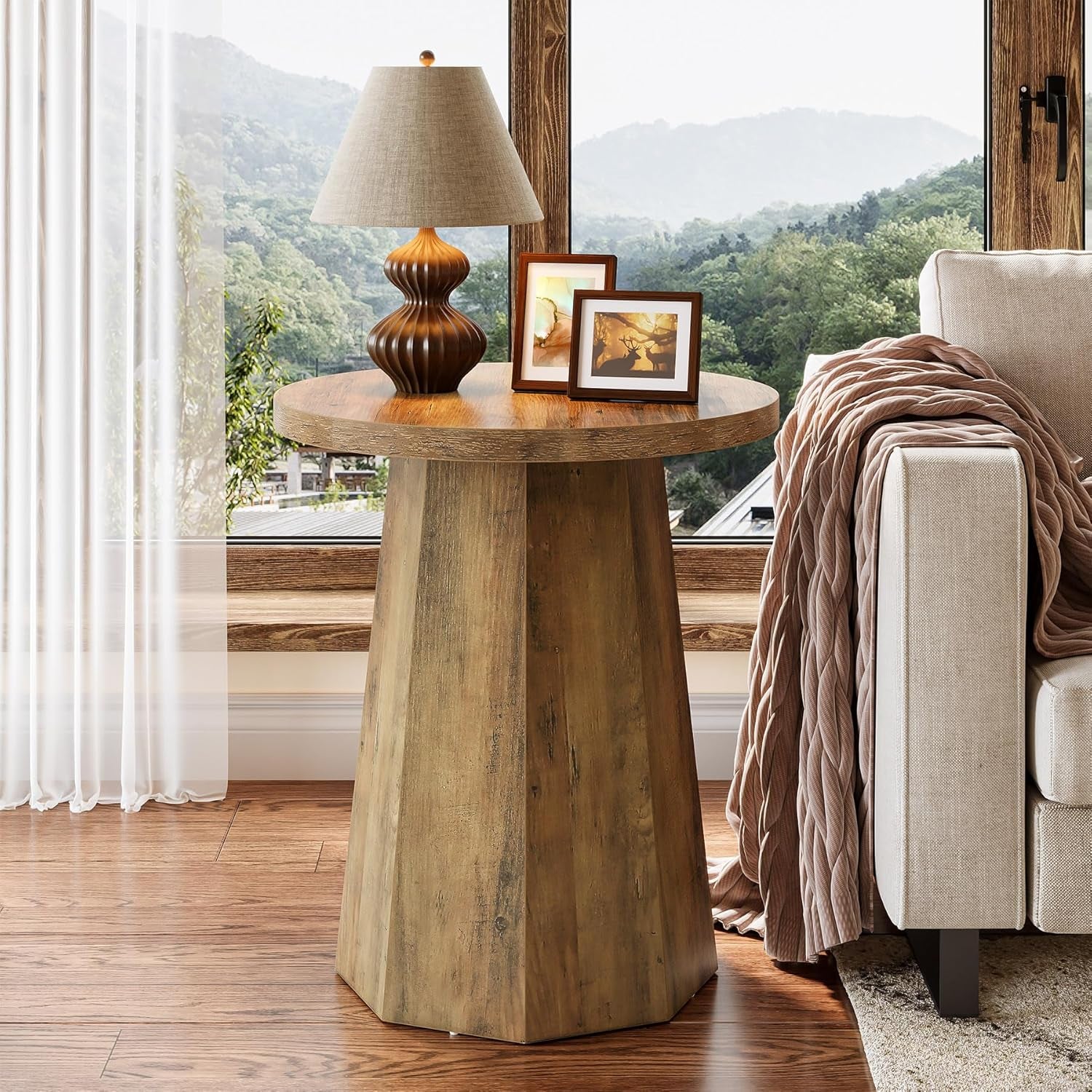 round Pedestal End Table, Farmhouse Couch Side Table with Octagonal Base, Wooden Drink Stand Accent Nightstand (1, Rustic Brown)