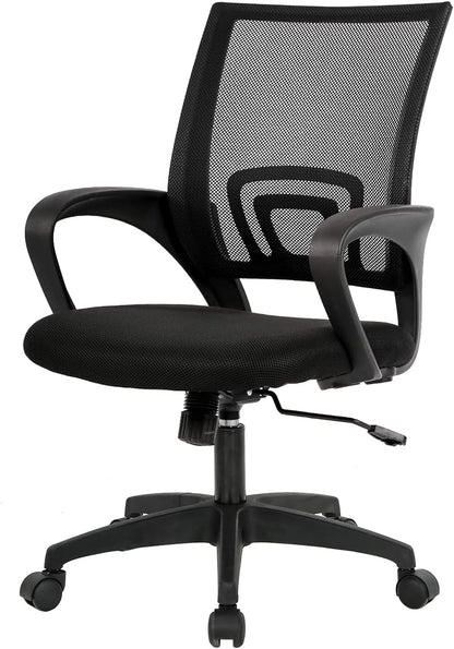 | Ergonomic Office Chair | Mid-Back Swivel Desk Chair | Breathable Backrest & Lumbar Support | Adjustable Height | Sponge Seat | Rolling Wheels | Dark Black | for Adults & Women