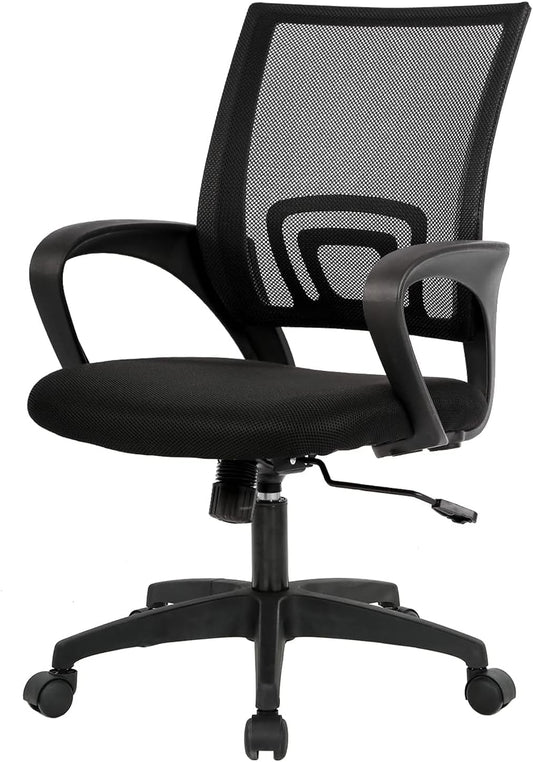 | Ergonomic Office Chair | Mid-Back Swivel Desk Chair | Breathable Backrest & Lumbar Support | Adjustable Height | Sponge Seat | Rolling Wheels | Dark Black | for Adults & Women