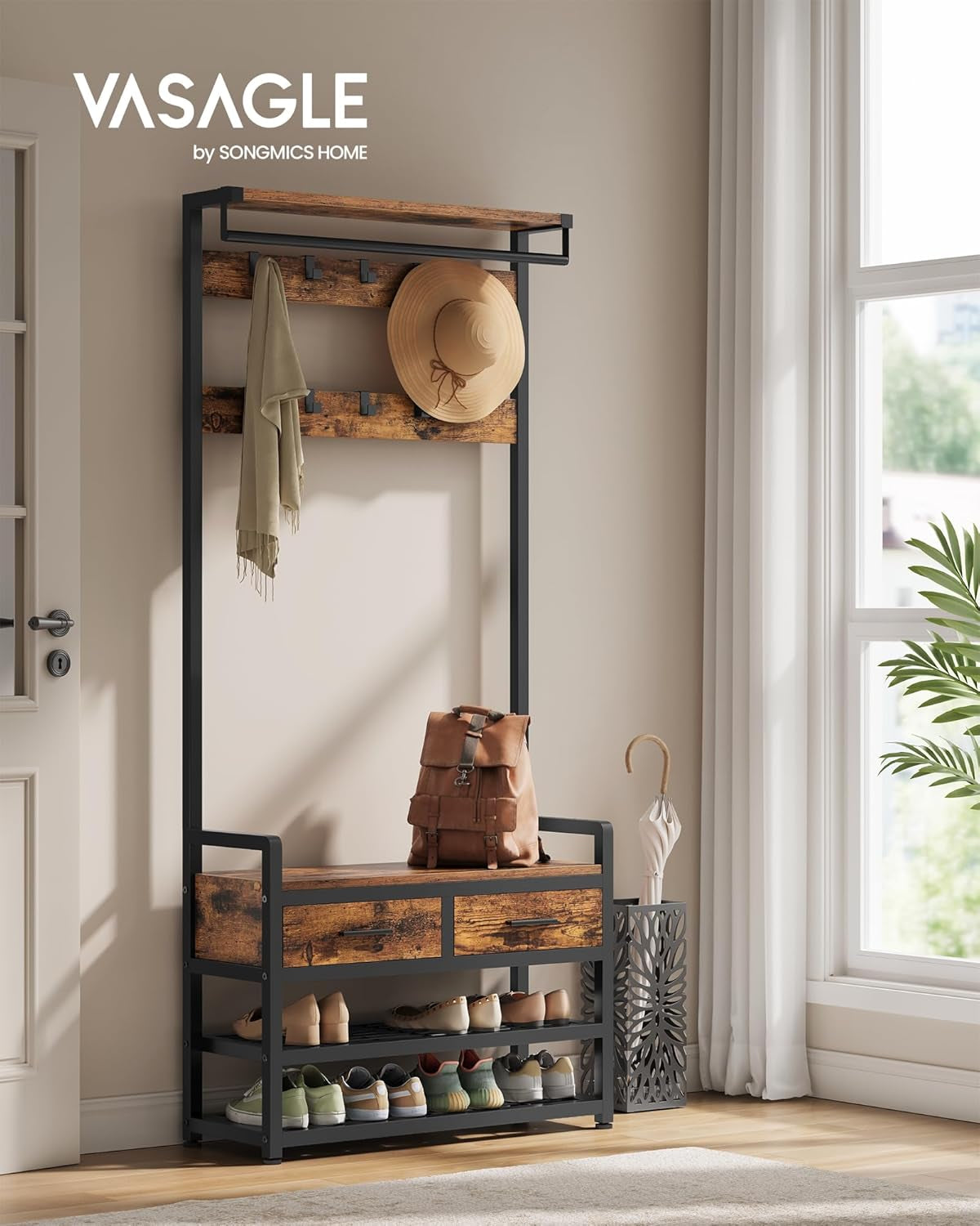 Hall Tree with Bench and Shoe Storage, Entryway Coat Rack with Shoe Bench, 2 Fabric Drawers, 10 Hooks, 11.8 X 31.7 X 71.5 Inches, Vintage Brown and Ink Black UHSR429B01