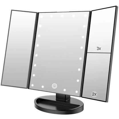 Makeup Mirror with 21 LED Lights,Two Power Supply Modes, Adjustable Touch Screen and 1X/2X/3X Magnification Tri-Fold Vanity Mirror,Chargeable Travel Cosmetic Mirror for Desktop (Black)