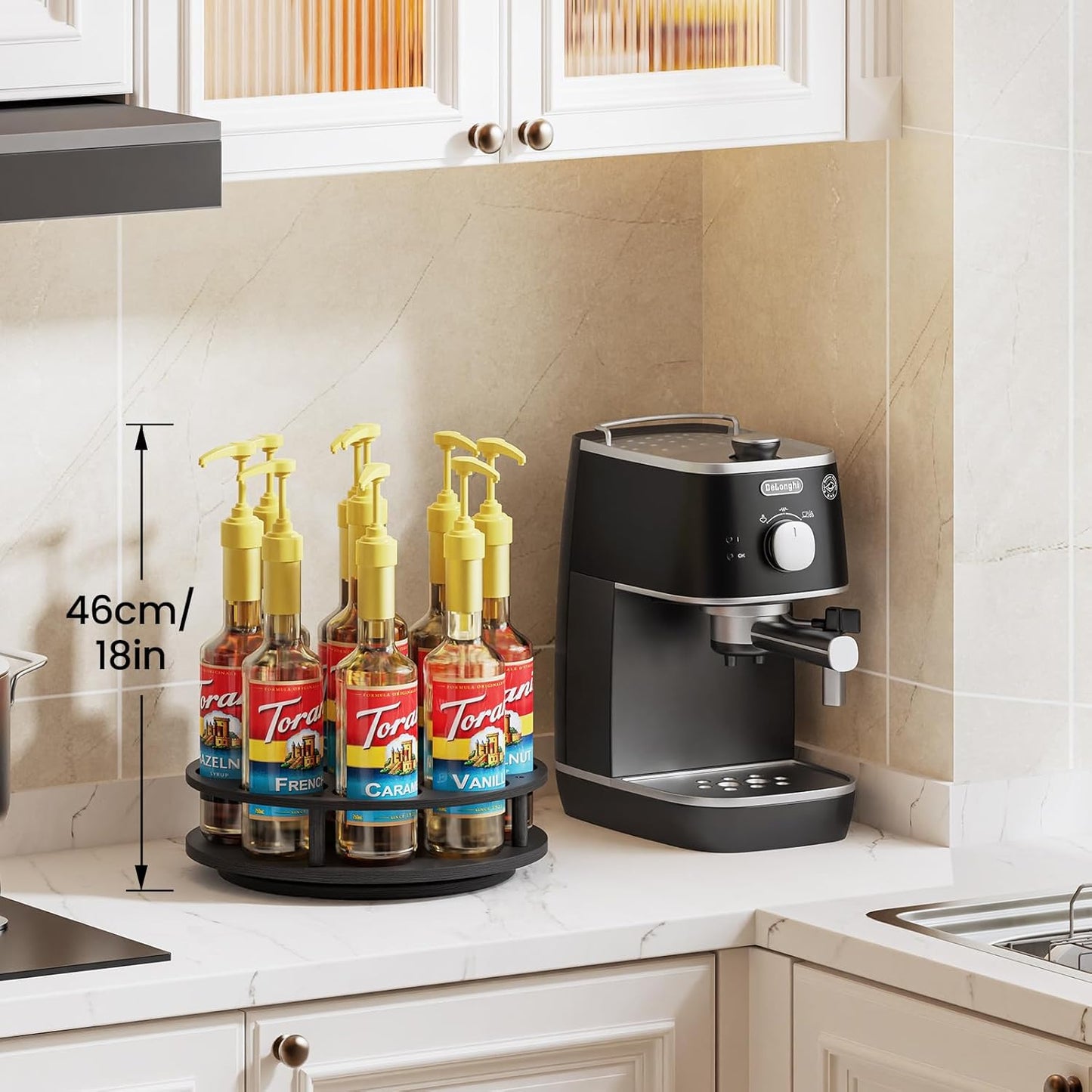 Rotating Coffee Syrup Organizer for Countertop, 9-Bottle Wooden Syrup Rack & Bottle Holder for Coffee Bar Station, Turntable Display Stand, Black