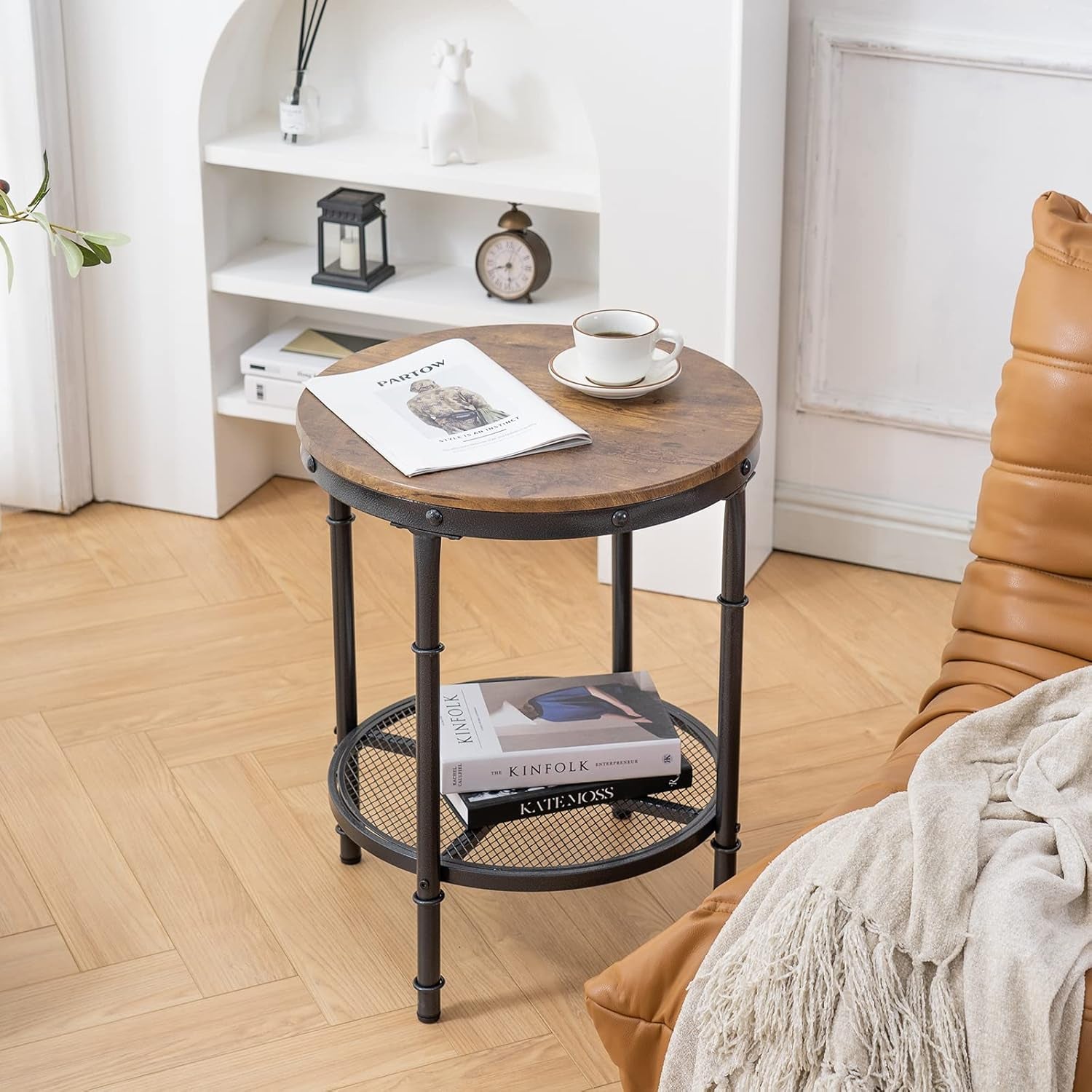 20" Side Table, round End Tables Living Room, Industrial Small End Table with Metal Mesh, Rustic Farmhouse Side Tables for Bedroom, Office, Corner, Walnut