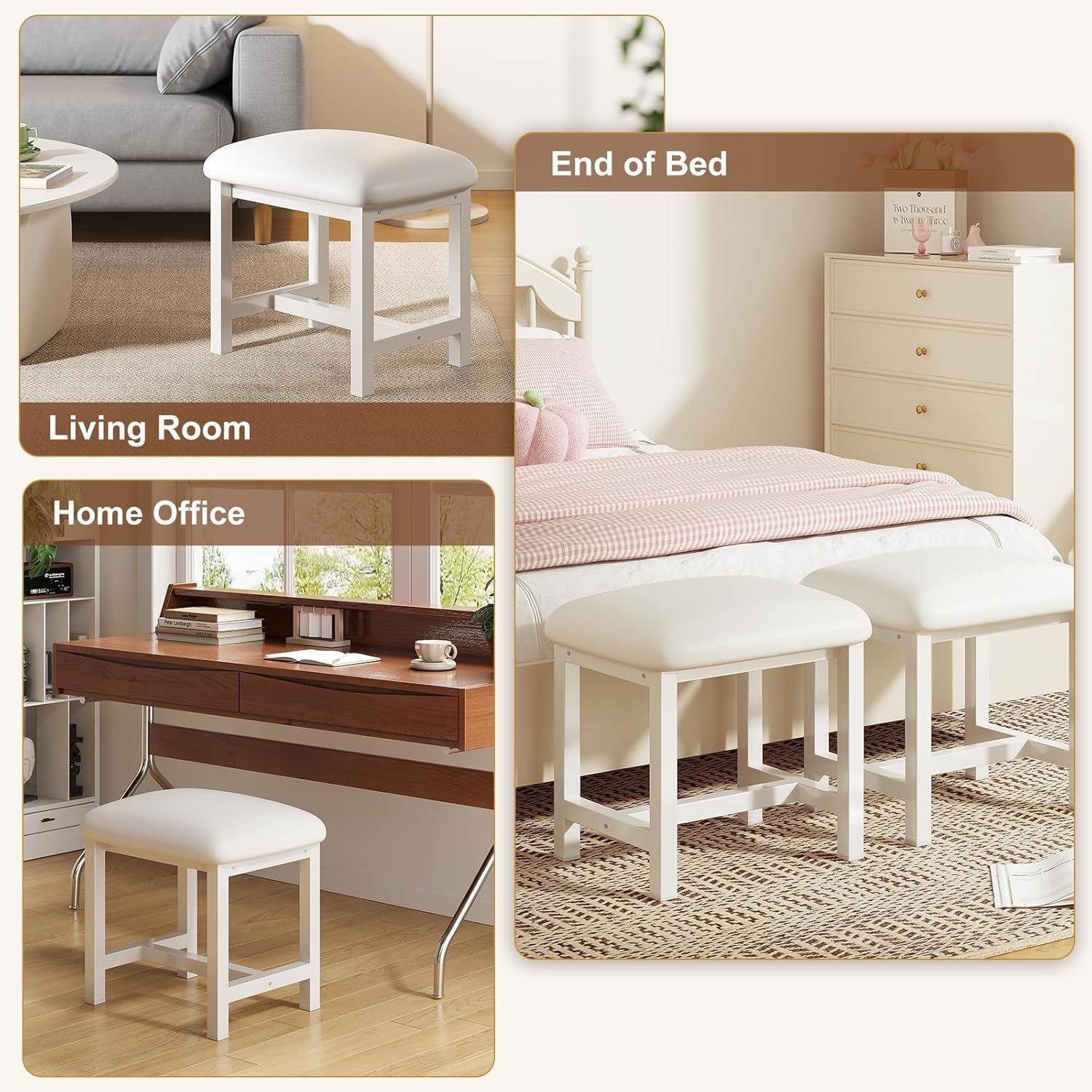 White Vanity Stool, Small Vanity Chair, Cute Makeup Bench Seat with Leather Cushioned, Desk Stools for Bedroom, Bathroom, Entryway, Living Room, Office