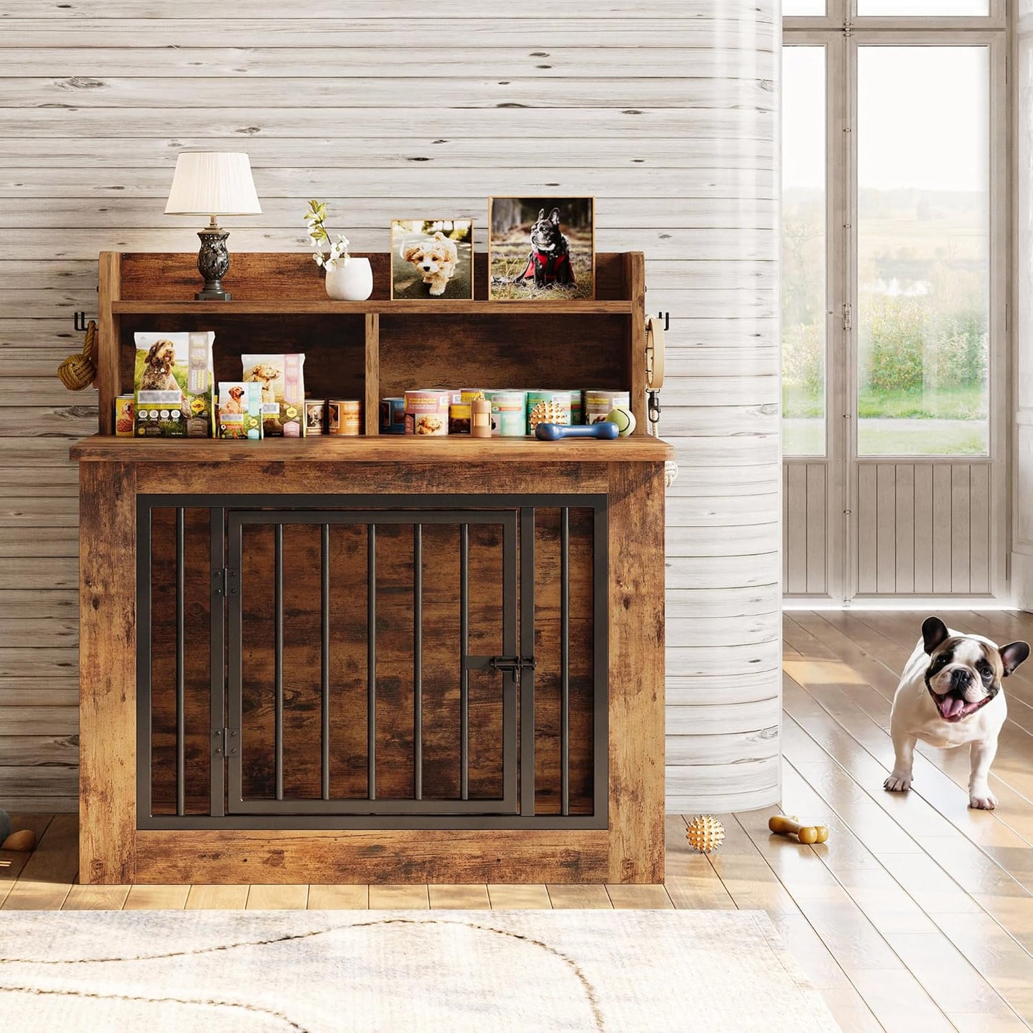 Dog Crate Furniture, 33.4 Inches Wooden Small Dog Crate with Storage and 4 Hooks, Heavy Duty Pet Crate for Small Dog, Decorative Pet Cage for Indoor (22" L X 33.4" W X 37.4" H)