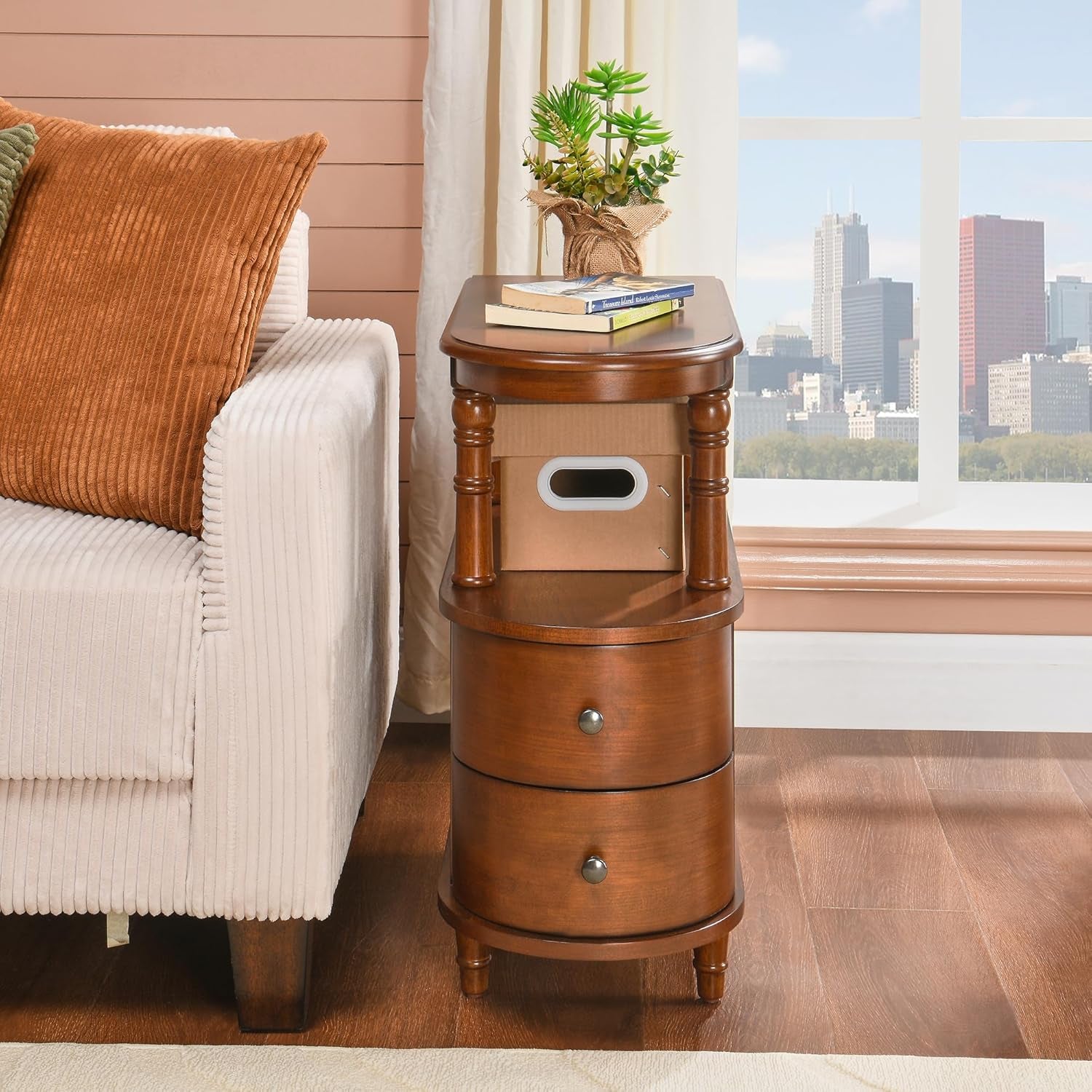 Solid Wood End Table with 2 Drawers, Narrow Sofa Side Table Slim Chair Side Table with Storage Shelf, Vintage Slim Nightstand Bedside Table, Beewax Tone，Bg-A508-Mg