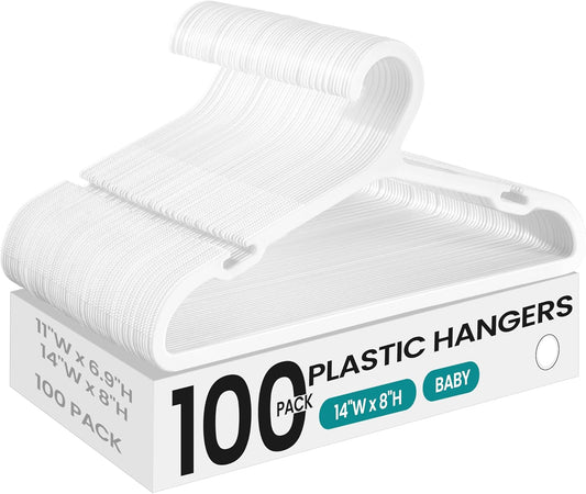 Kids Hangers 100 Pack, Plastic Baby Hangers for Closet, 14 X 7 Inches, for Children Aged 7-12 Years, Space-Saving, Non-Slip, Cloud White UCRP190W01
