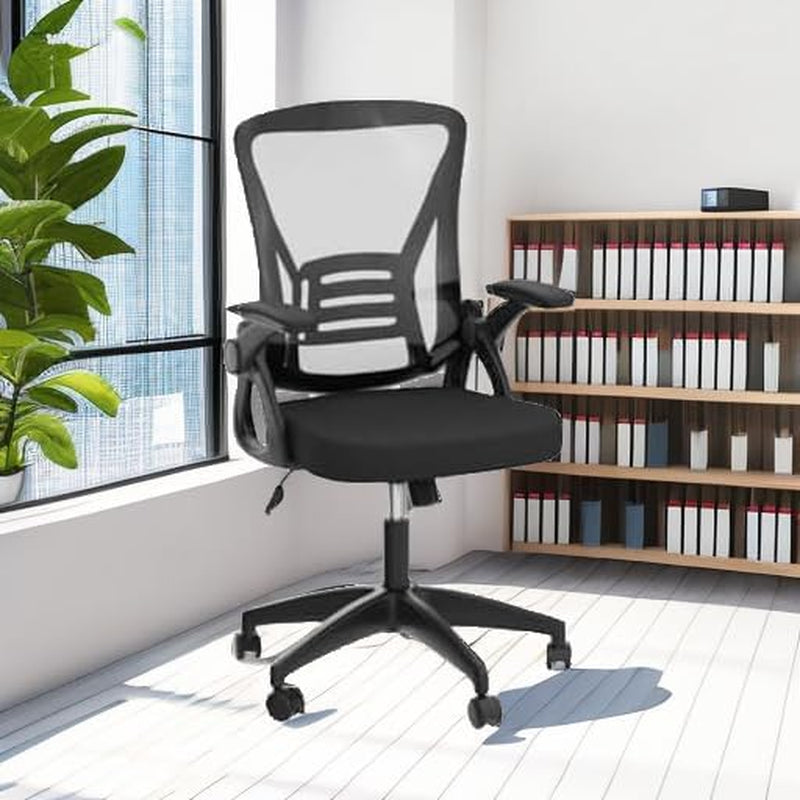Ergonomic Office Chair, Mid Back Desk Chairs with Adjustable Height, Swivel Chair with Flip-Up Arms and Lumbar Support, Breathable Mesh Computer Chair for Home/Study/Working, Dark Black
