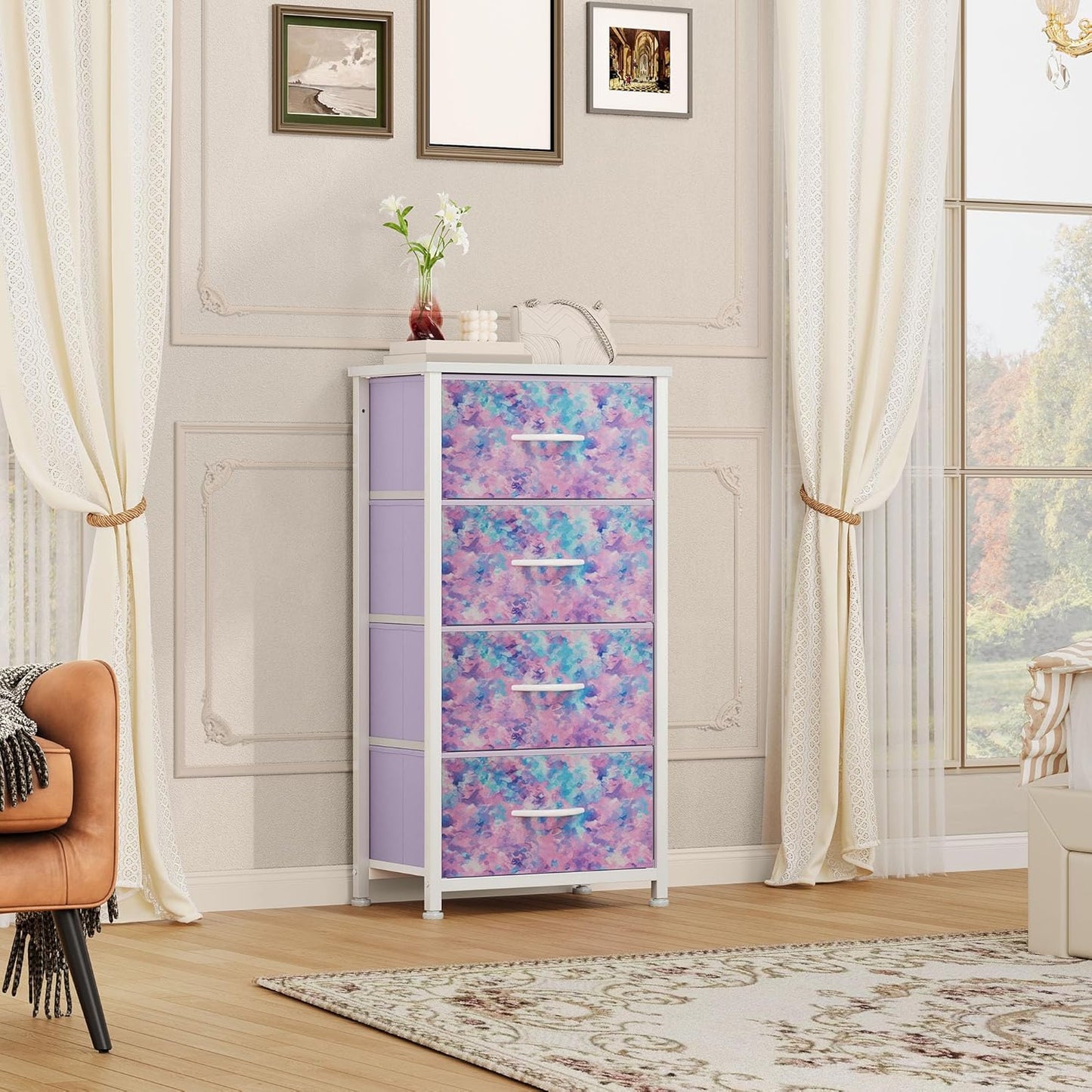 Dresser with 4 Drawers - Storage Tower Unit, Dresser for Room, Living Room, Closets - Sturdy Steel Frame, Wooden Top & Easy Pull Fabric Bins,Purple