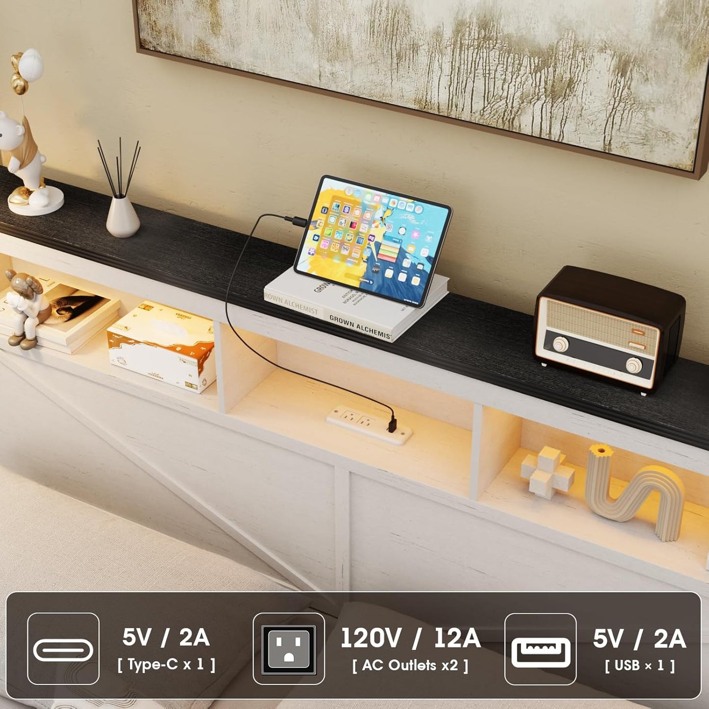 Farmhouse Queen Size Bed Frame with 48" Tall Storage Headboard, Wood Bedroom Platform Bed Frame No Box Spring Needed, 4 Storage Drawers Underneath, Adjustable LED Lights, Charging Station