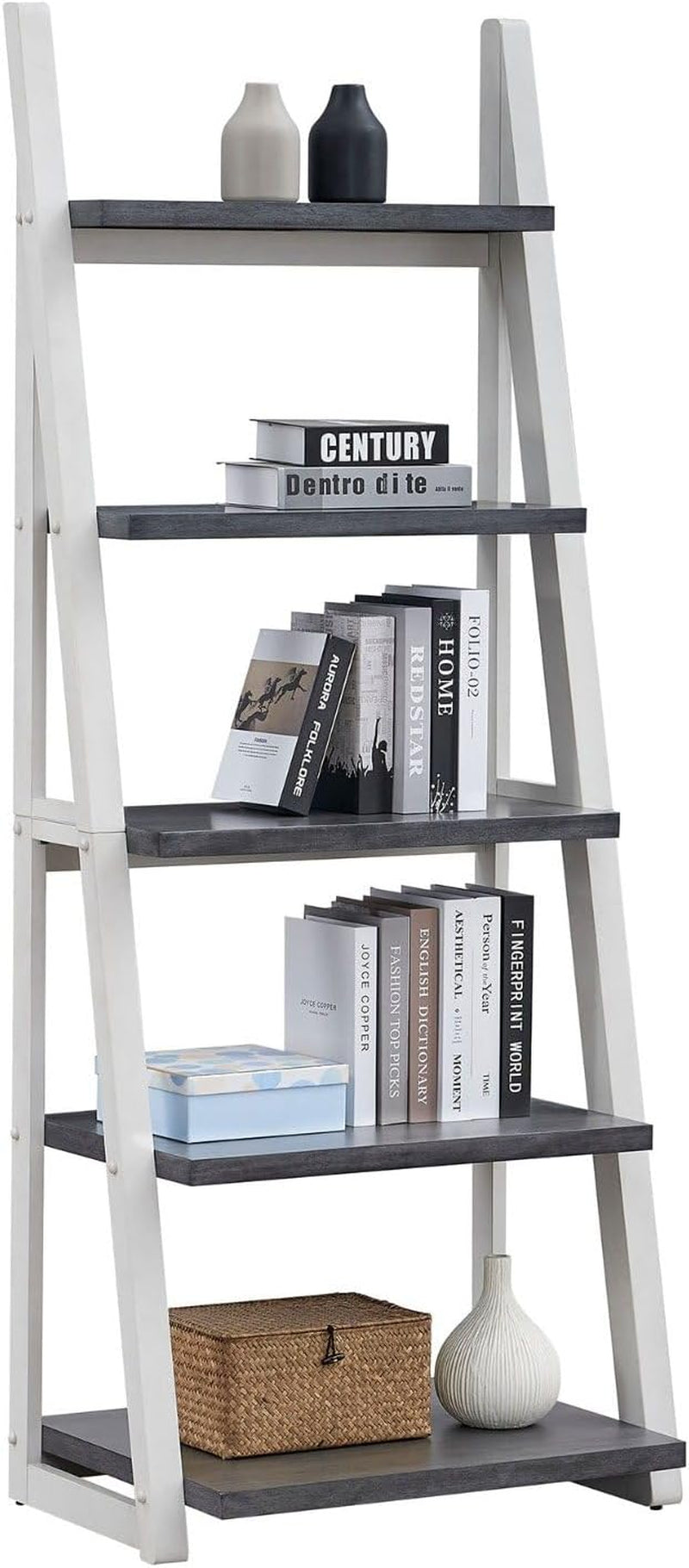 5-Tier Ladder Shelf, 72.01'' Tall Freestanding Bookshelf, Rustic Wood Storage Display Rack, Space-Saving Leaning Ladder Design for Living Room, Home Office, Grey