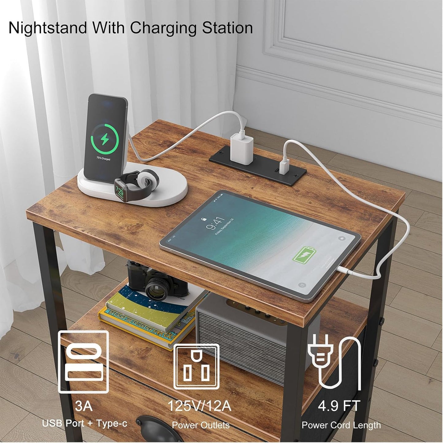 Nightstands Set of 2, Night Stands with Charging Station and Fabric Drawer, Bedside Tables with Storage, 2- Tier Side Table with Open Shelf, Nightstands with Charging Station,Rustic Brown