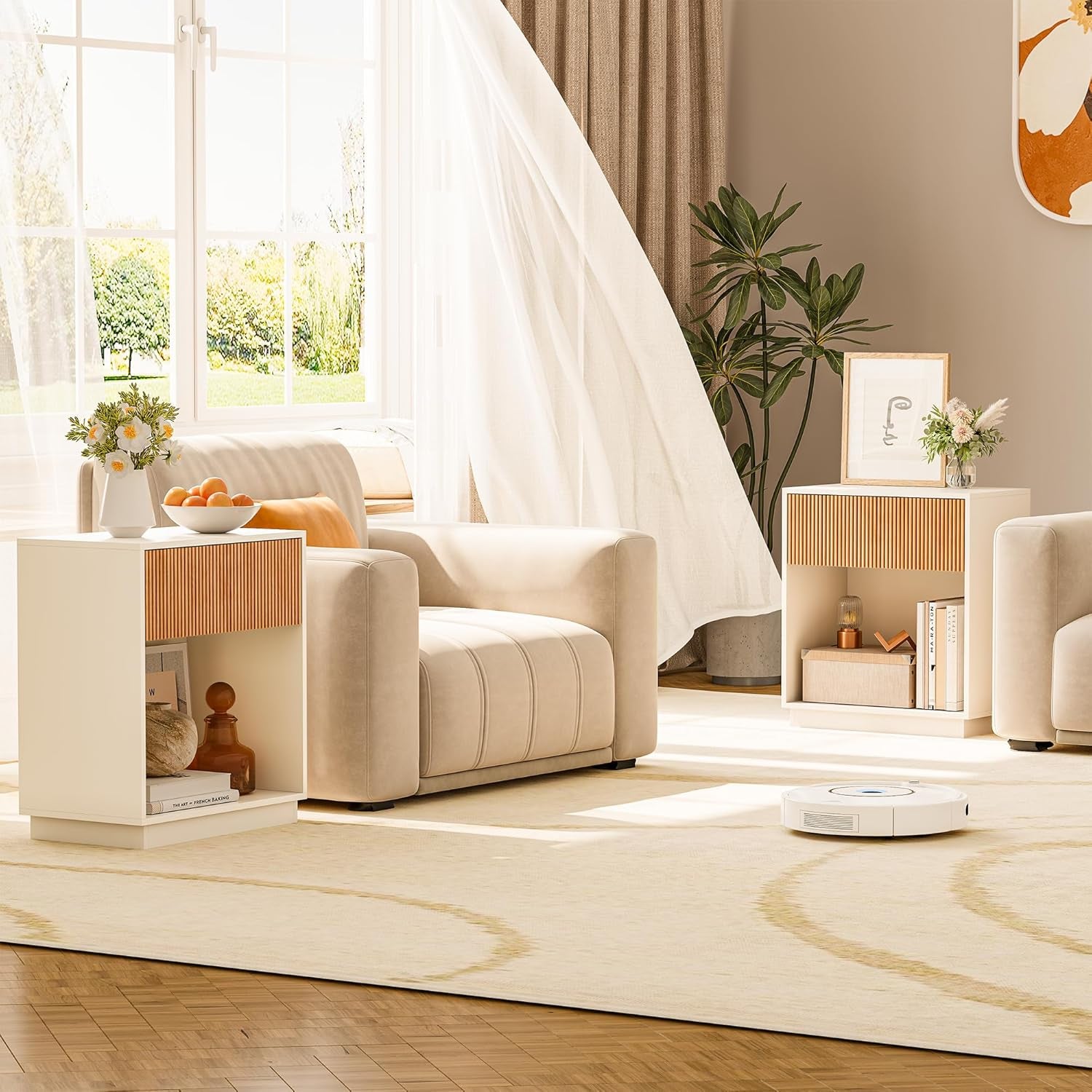 Fluted Nightstands Set of 2, Modern Bedside Table with Drawer and Storage Shelf, Wood End Table Mid Century Night Stands for Bedroom Living Room Sofa Couch Office (White+Oak)