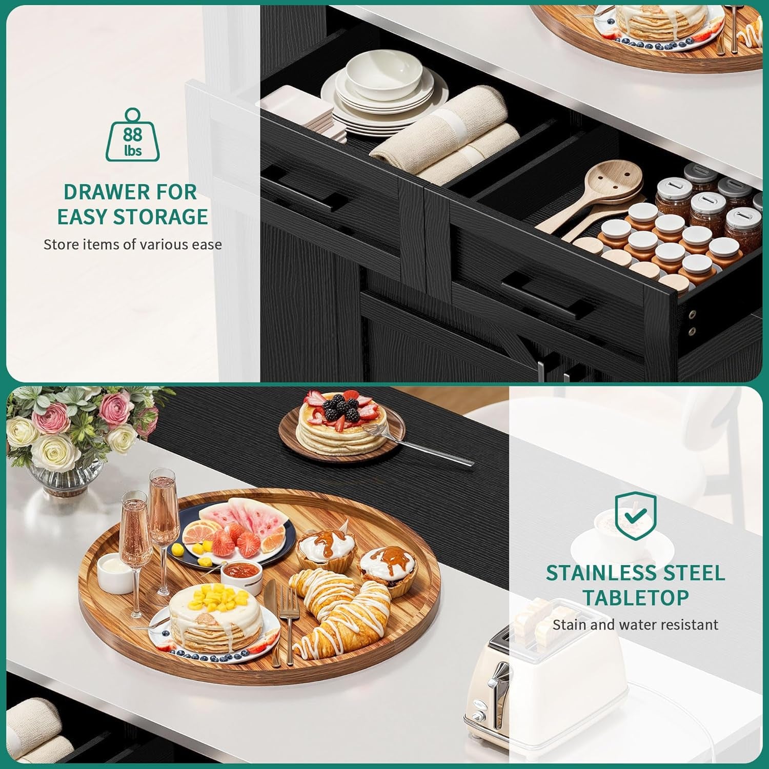 Kitchen Island with Drop Leaf, 47 Inch Mobile Stroage Islands with Stainless Steel Top, Rolling Island Table with Power Outlet, Adjustable Shelves, Spice Rack, Towel Rack for Kitchen, Black