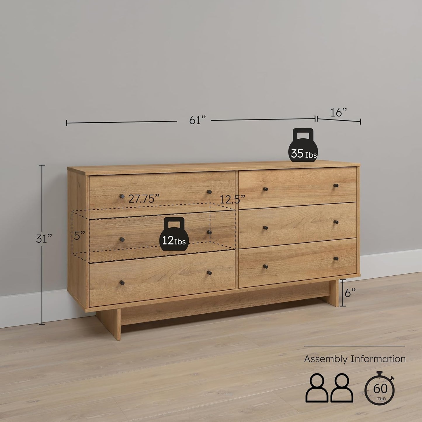 Finnley 6-Drawer Dresser in Natural Oak, Dresser for Bedroom, Extra-Wide Chest of Drawers with Storage, Modern Clothing Organizer for Home, Bedroom, Living Room, 16" D X 61" W X 31" H