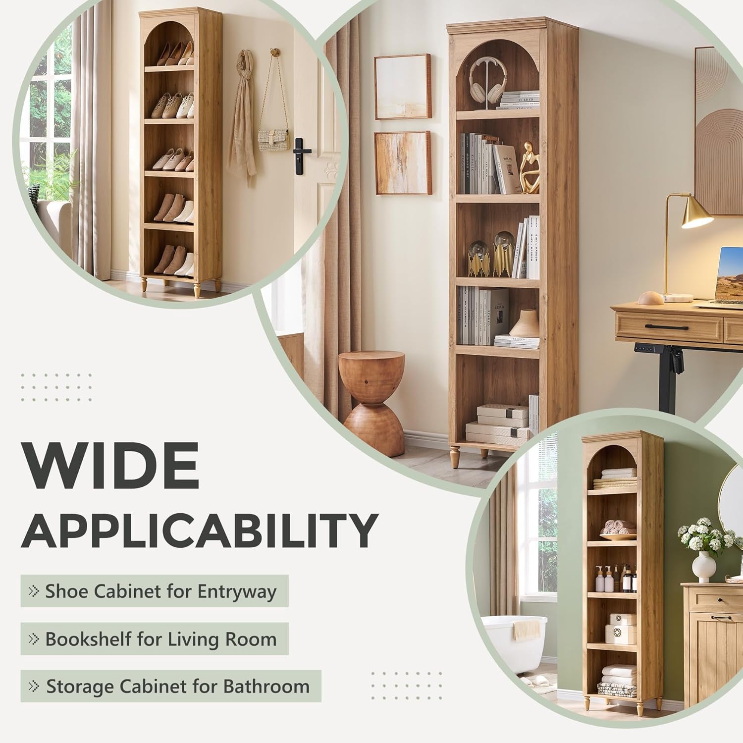 76" Tall Arched Bookcase, Farmhouse 5 Tiers Narrow Arched Bookshelf Cabinet with Adjustable Shelves, Modern Wooden Book Shelf W/Storage and Open Display Shelves for Living Room, Office-Natural