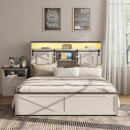 Farmhouse Full Size Bed Frame with 4 Drawers and Bookcase Headboard, Sliding Barn Door Storage Shelves, LED Lights and Charging Station, No Box Spring Needed, Antique White