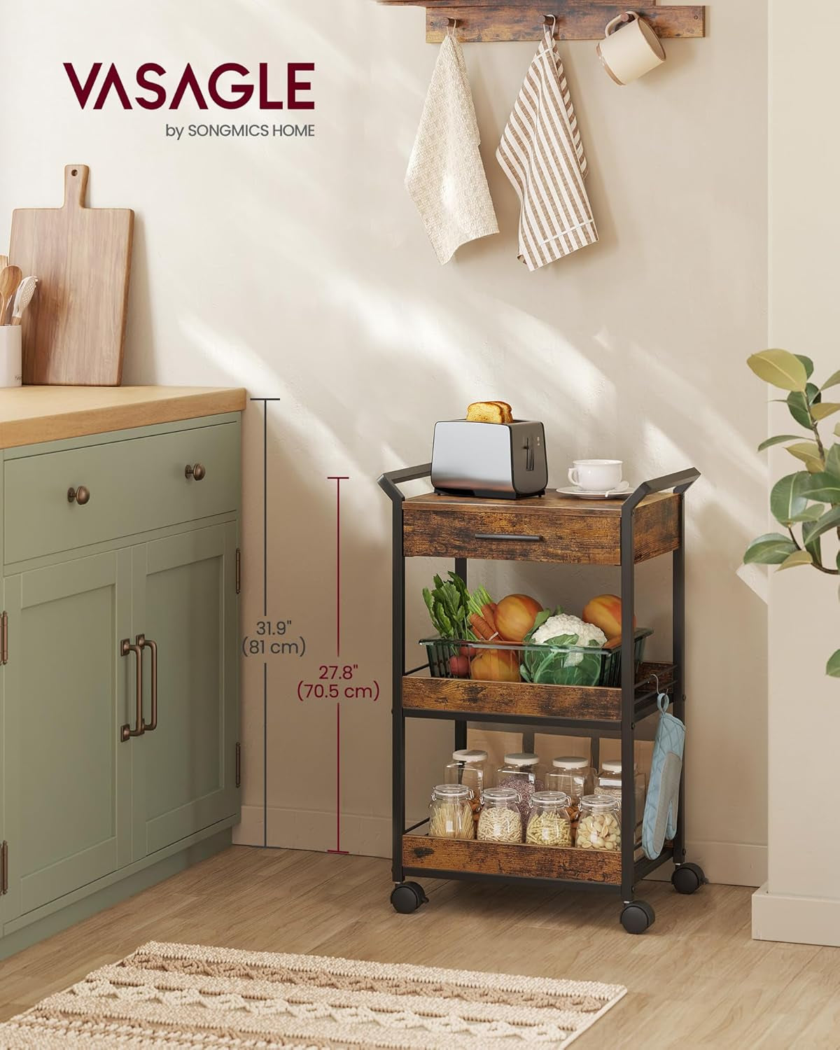 Storage Cart, 3-Tier Rolling Utility Cart with Table Top, Handles, 4 Lockable Casters, Top Drawer, Mesh Shelves, for Kitchen, Bathroom, Bedroom, Rustic Brown and Ink Black ULRC048K01