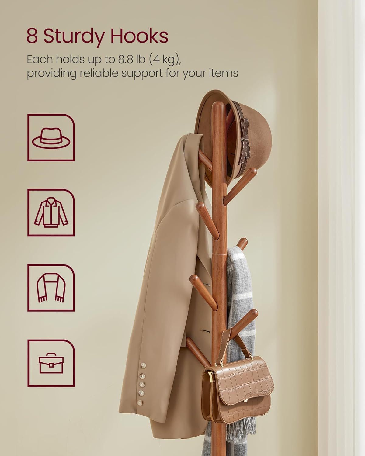 Coat Rack, Free Standing Coat Stand, Hall Coat Tree with 8 Hooks and Storage Shelf, 67.1 Inch Tall, for Coats, Hats, Bags, for Entryway, Hallway, Bedroom, Ink Black URCR033B01