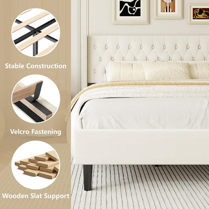 King Size Bed Frame, Upholstered Platform Bed with Wingback Headboard, Velvet Button Tufted, Easy Assembly, No Box Spring Needed, Beige
