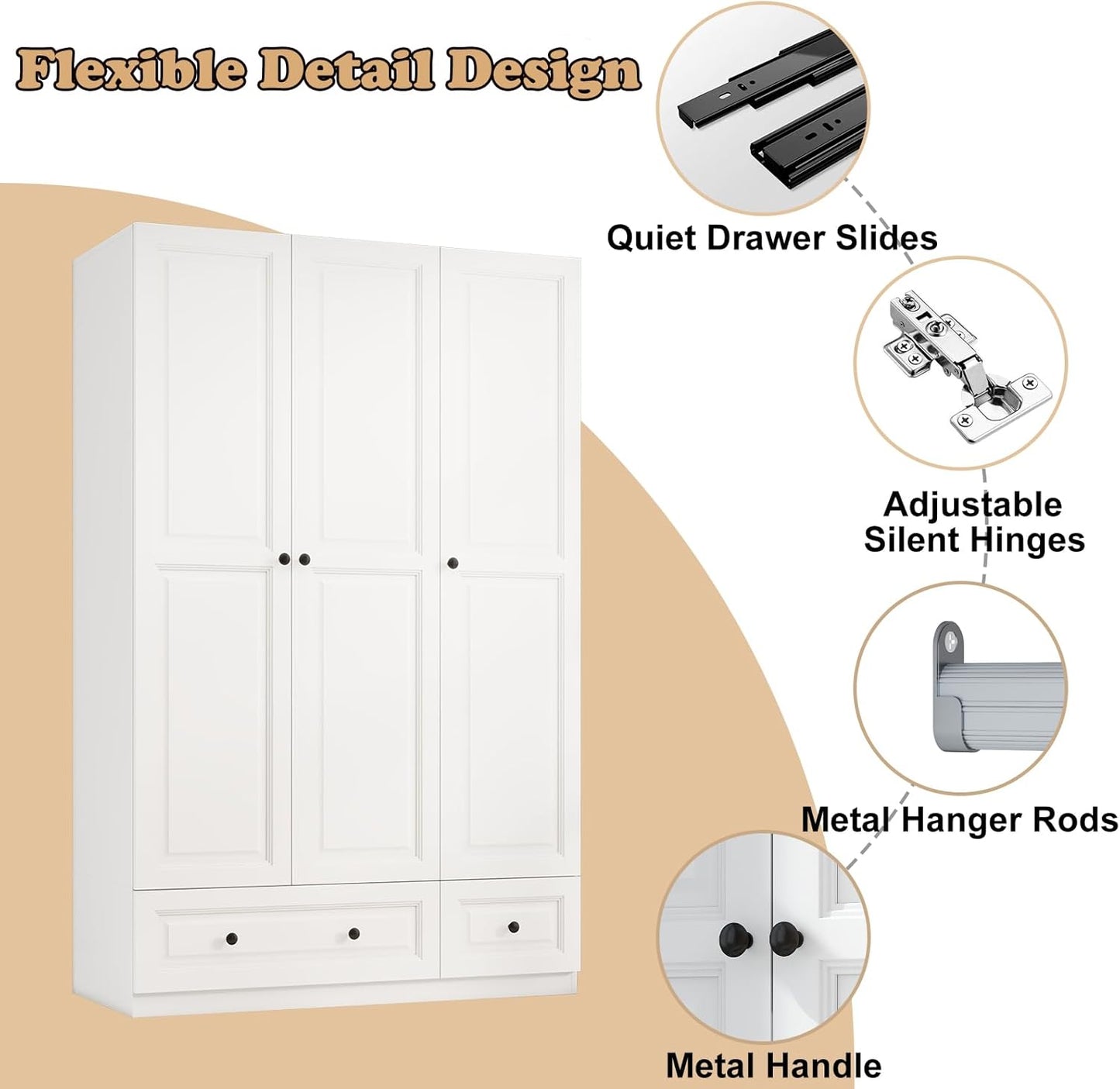 Armoire Wardrobe Closet with Drawers: 74" White Tall Wooden Wardrobe Closet for Hanging Clothes, Large Bedroom Armoires with 2 Drawers, 3 Door Armoire Storage Cabinet (White, 47")