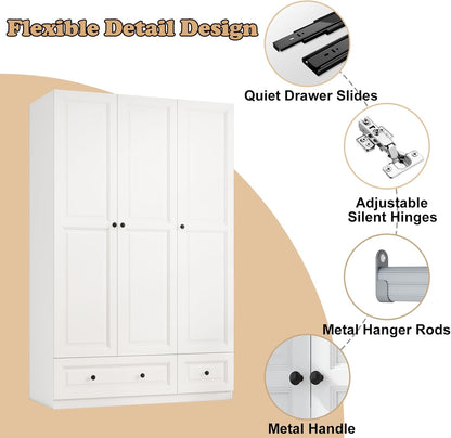 Armoire Wardrobe Closet with Drawers: 74" White Tall Wooden Wardrobe Closet for Hanging Clothes, Large Bedroom Armoires with 2 Drawers, 3 Door Armoire Storage Cabinet (White, 47")