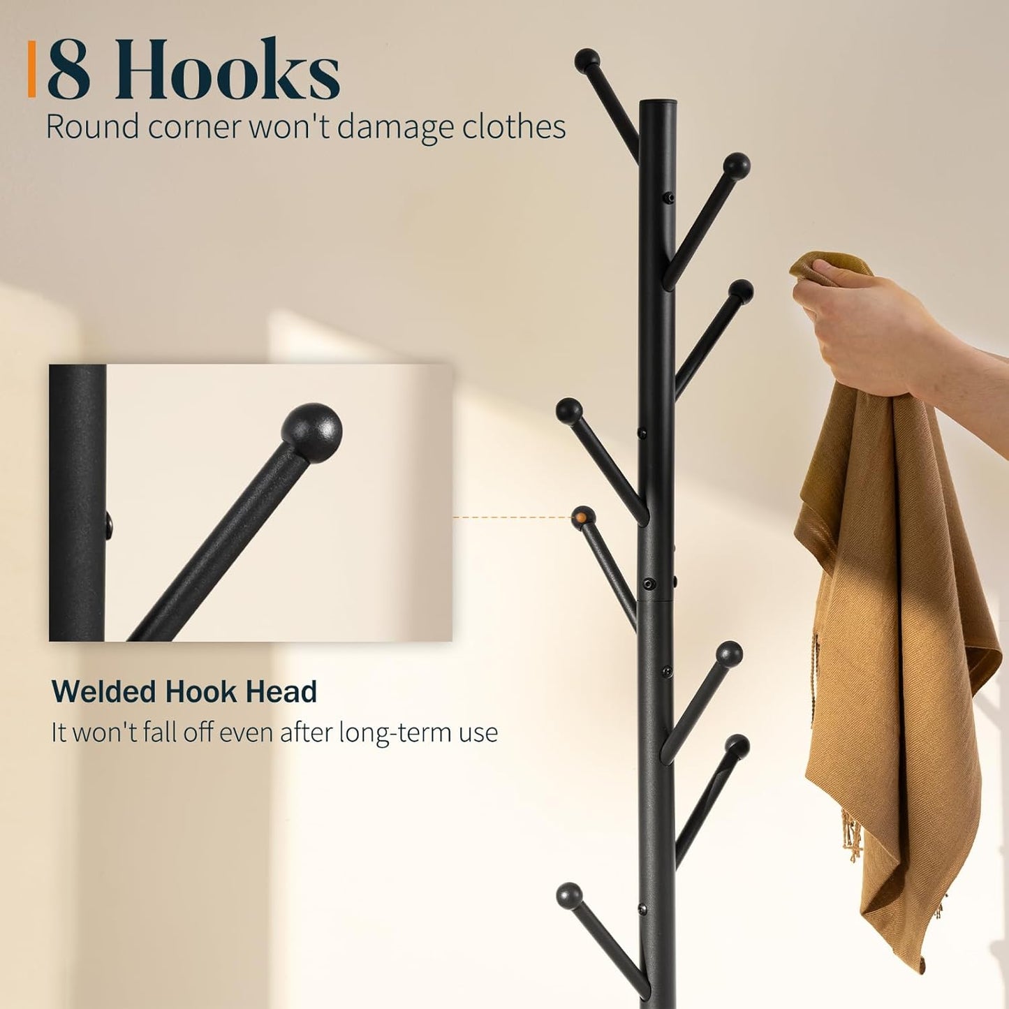 Coat Rack Freestanding with Natural Marble Base - Coat Tree with 8 Hooks Heavy Duty Coat Hanger Stand, Metal Coat Rack Stand for Jacket, Hat, Clothes & Bag, Hall Tree Hat Rack for Entryway