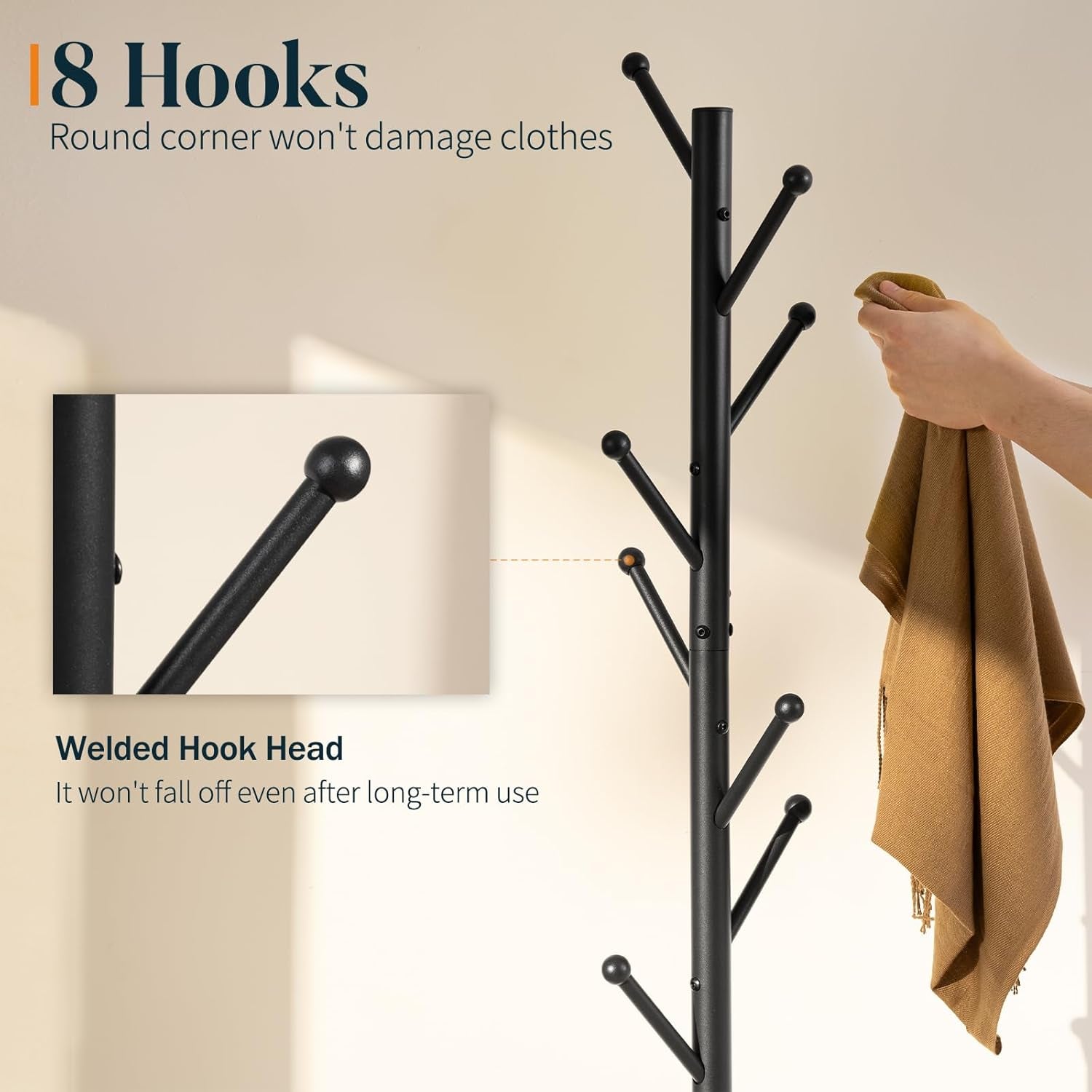 Coat Rack Freestanding with Natural Marble Base - Coat Tree with 8 Hooks Heavy Duty Coat Hanger Stand, Metal Coat Rack Stand for Jacket, Hat, Clothes & Bag, Hall Tree Hat Rack for Entryway