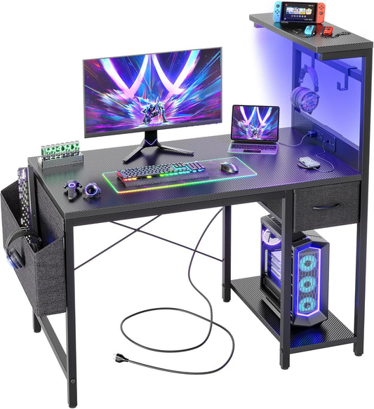 Gaming Desk 40 Inch with Power Outlet and LED Light, Computer Desk with Reversible Shelves and Storage Drawer, Small PC Desk for Home Office Table with Bag, Carbon Fiber Black