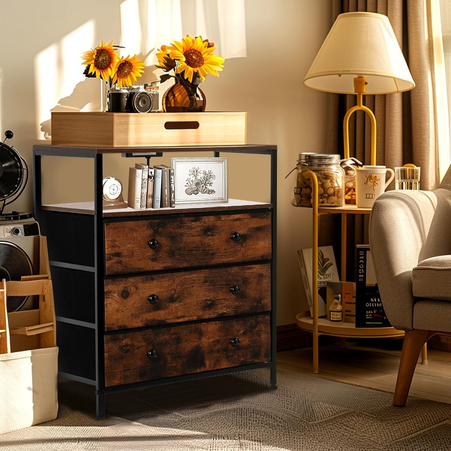 3 Drawers Dresser with Charging Station, 24 Inch Wide LED Night Stand with Adjustable Fabric Drawer, Nightstand with Storage Shelf for Living Room/Bedroom/Office, Rustic Brown.