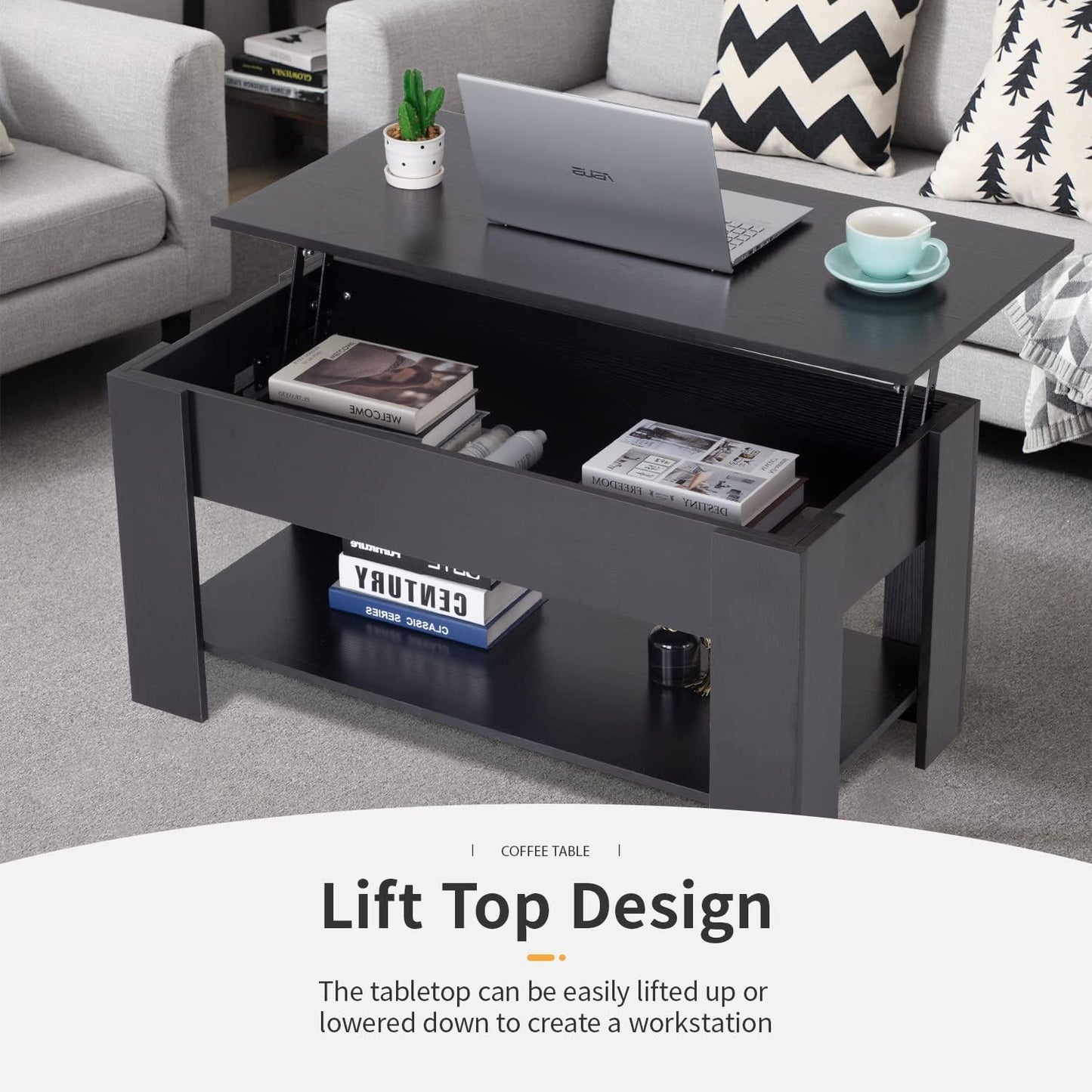 39.4" Lift Top Coffee Table with Hidden Compartment and Storage Shelf Wooden Lift Tabletop for Home Living Room Reception Room Office (Black)