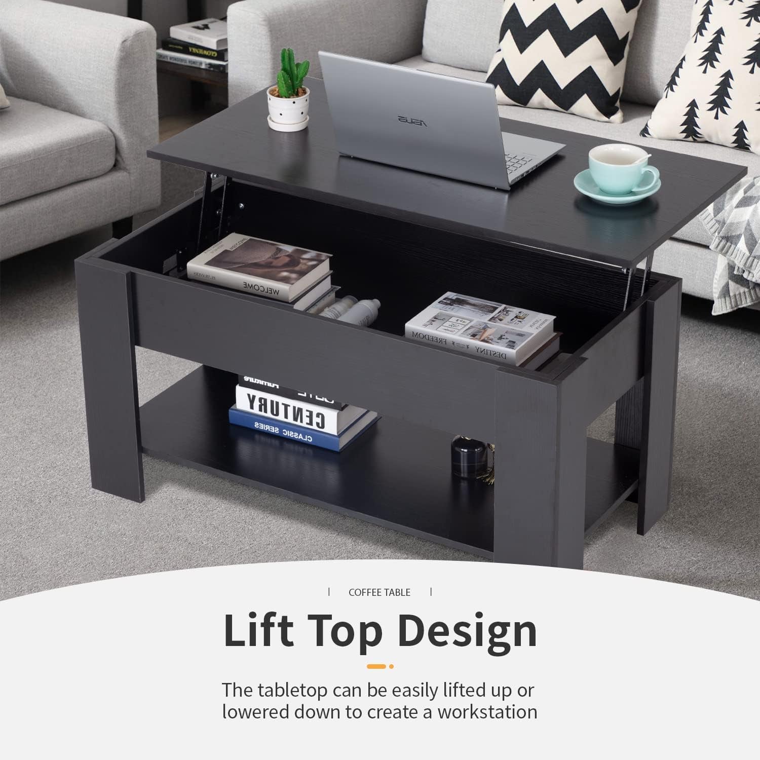 39.4" Lift Top Coffee Table with Hidden Compartment and Storage Shelf Wooden Lift Tabletop for Home Living Room Reception Room Office (Black)