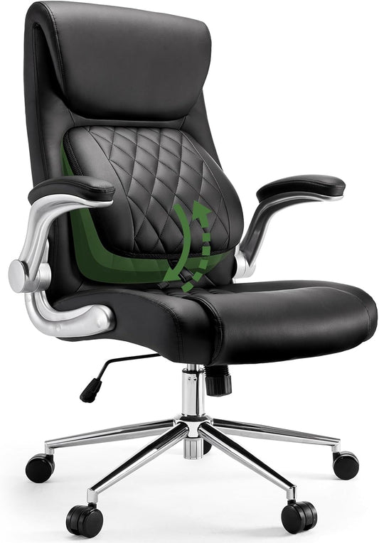 Ergonomic Pu-Leather Office Chair: 5 Settings Lumbar Support, Executive Office Chair Height Adjustable with Padded Flip-Up Arms, Executive Desk Chair for Working Study-Black